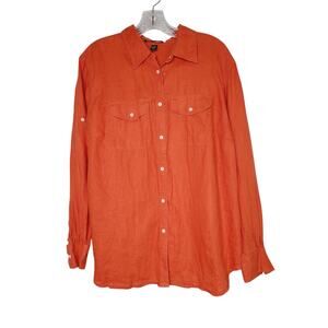 Ralph Lauren LRL 100% Linen Shirt Blouse Orange Roll Tab Sleeve 1X Preppy Beach